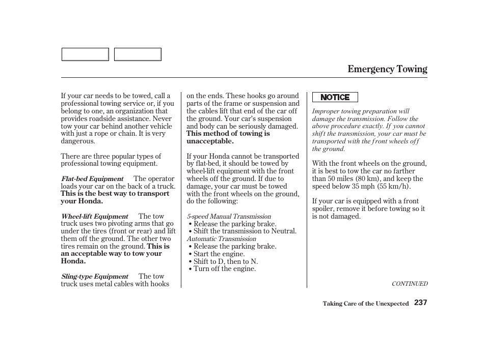 Emergency towing | HONDA 2002 Insight  - Owner's Manual User Manual | Page 240 / 270