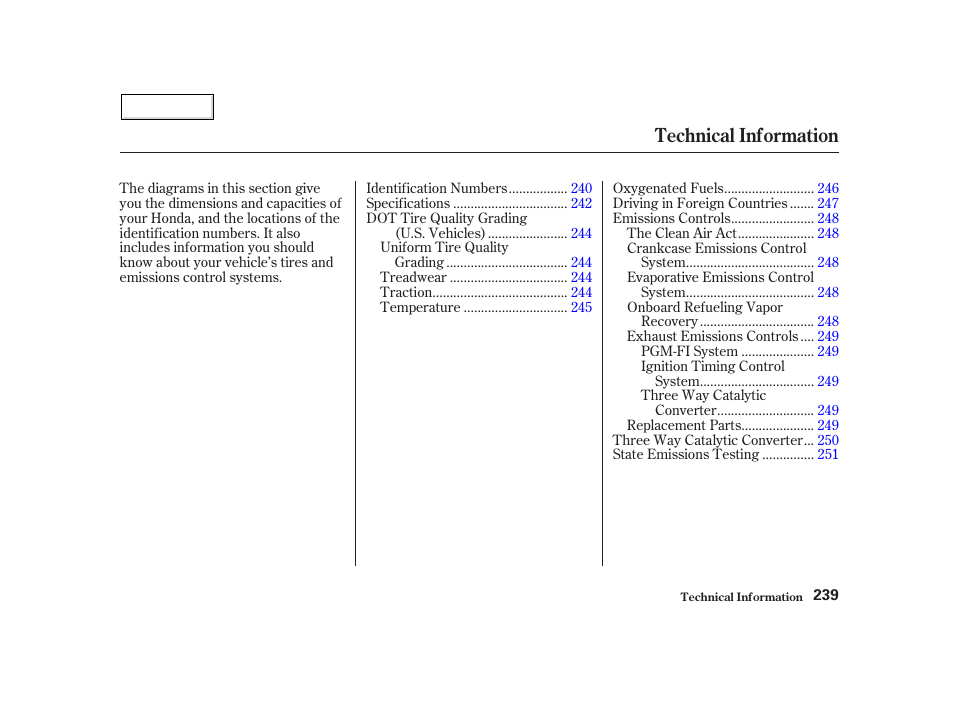Technical information | HONDA 2002 Insight  - Owner's Manual User Manual | Page 242 / 270