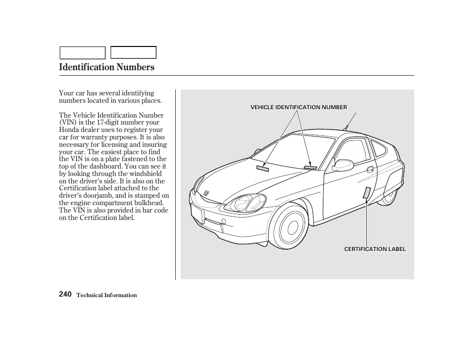 Identification numbers | HONDA 2002 Insight  - Owner's Manual User Manual | Page 243 / 270