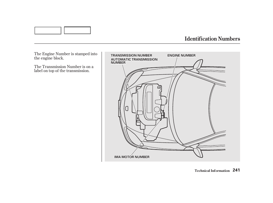 Identification numbers | HONDA 2002 Insight  - Owner's Manual User Manual | Page 244 / 270