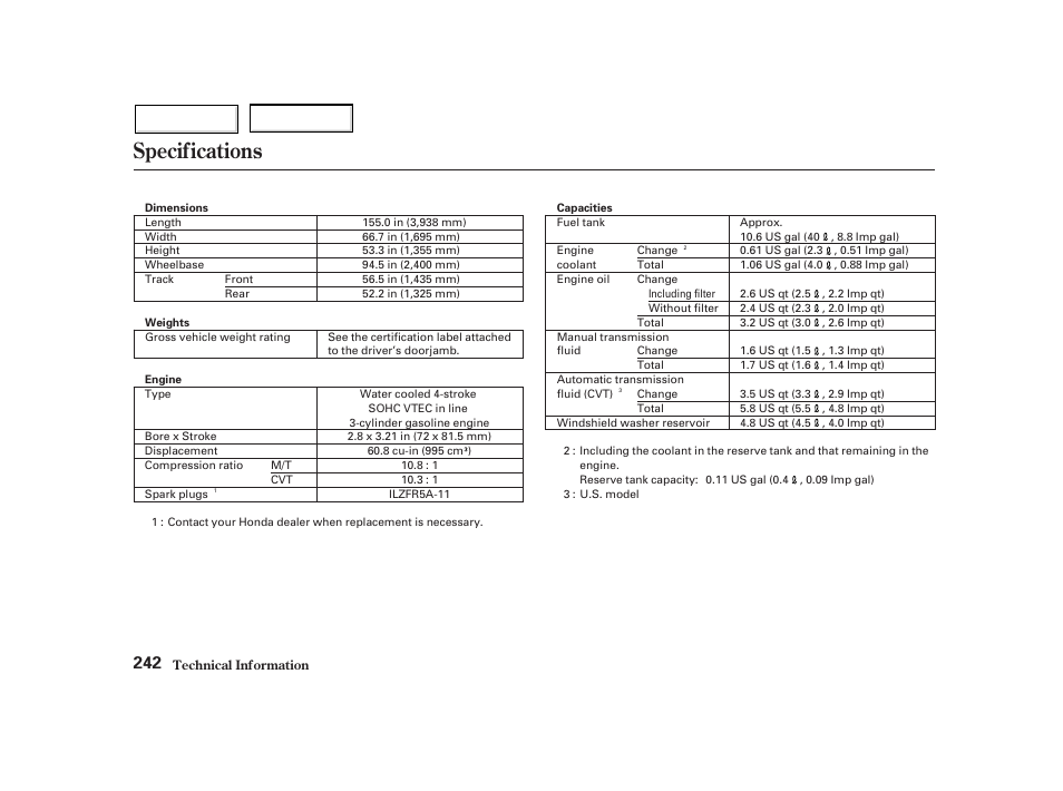 Specifications | HONDA 2002 Insight  - Owner's Manual User Manual | Page 245 / 270