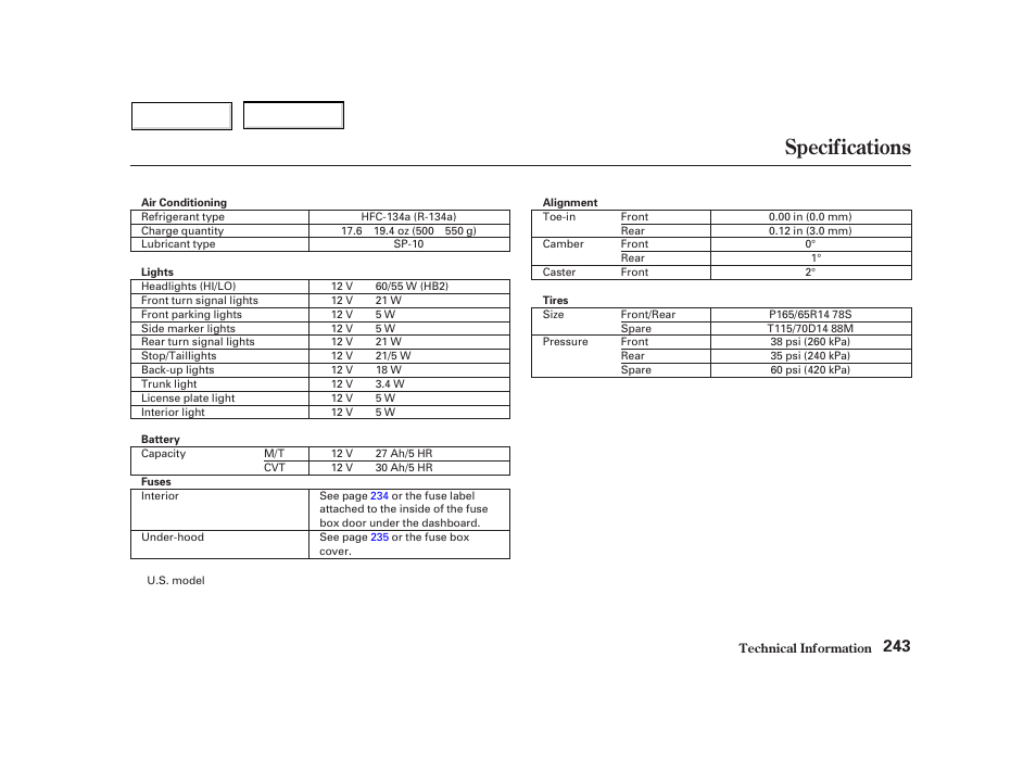 Specifications | HONDA 2002 Insight  - Owner's Manual User Manual | Page 246 / 270