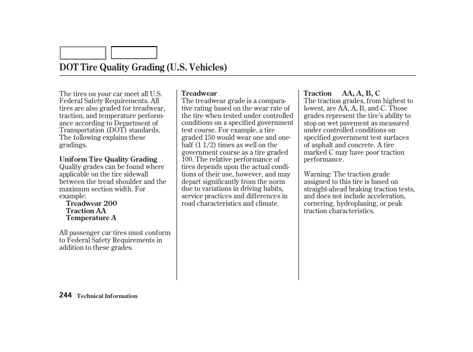 Dot tire quality grading (u.s. vehicles) | HONDA 2002 Insight  - Owner's Manual User Manual | Page 247 / 270