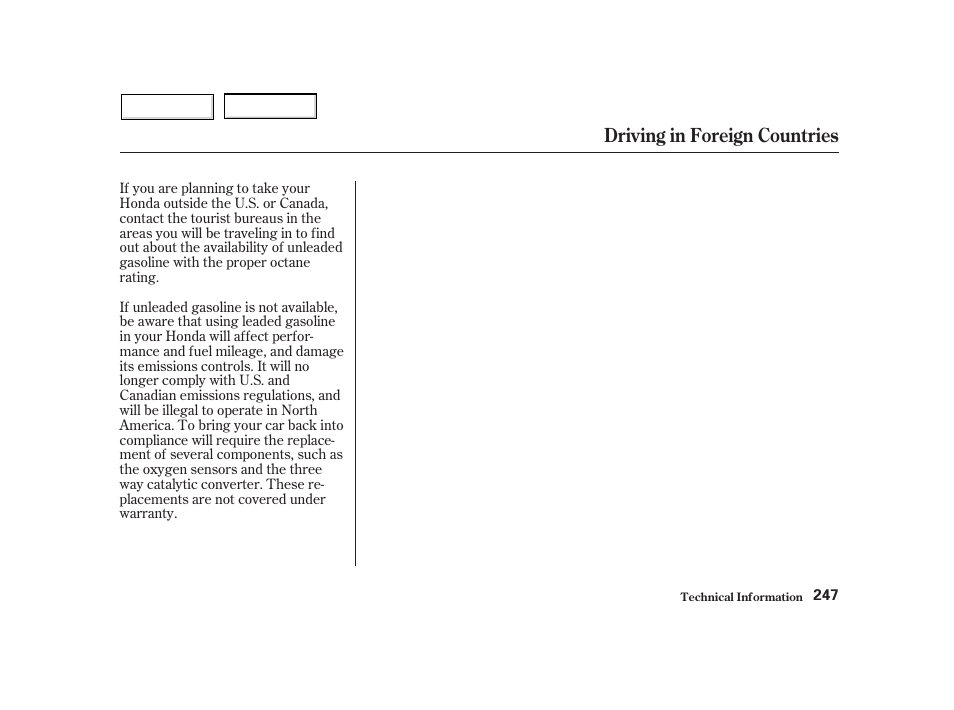 Driving in foreign countries | HONDA 2002 Insight  - Owner's Manual User Manual | Page 250 / 270