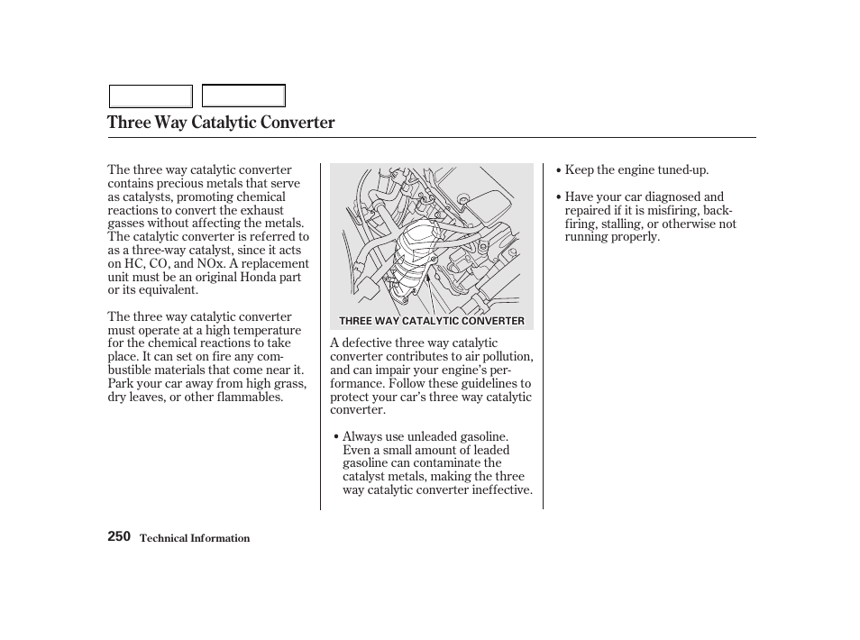 Three way catalytic converter | HONDA 2002 Insight  - Owner's Manual User Manual | Page 253 / 270