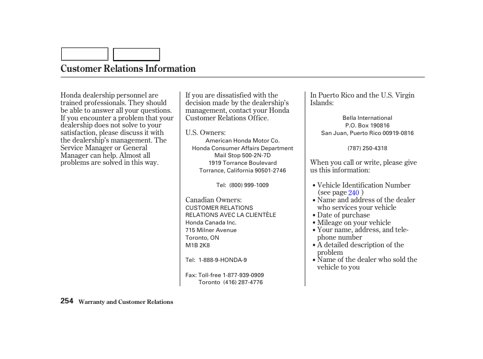 Customer relations information | HONDA 2002 Insight  - Owner's Manual User Manual | Page 257 / 270