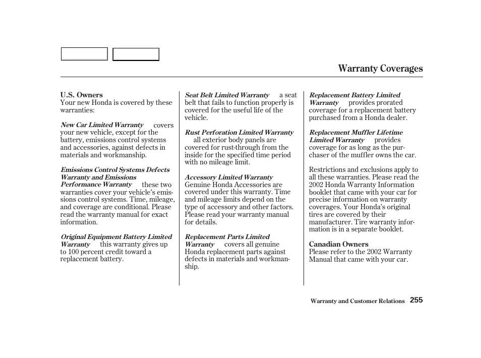 Warranty coverages | HONDA 2002 Insight  - Owner's Manual User Manual | Page 258 / 270