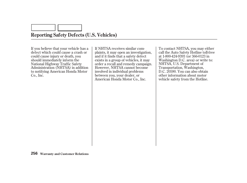 Reporting safety defects (u.s. vehicles) | HONDA 2002 Insight  - Owner's Manual User Manual | Page 259 / 270