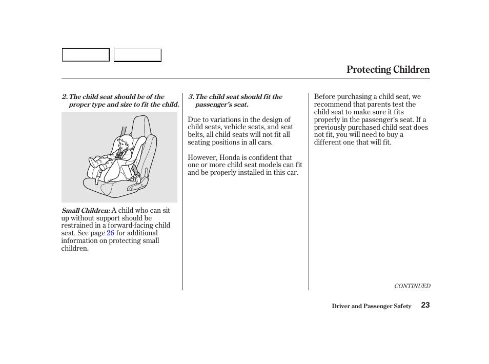 Protecting children | HONDA 2002 Insight  - Owner's Manual User Manual | Page 26 / 270