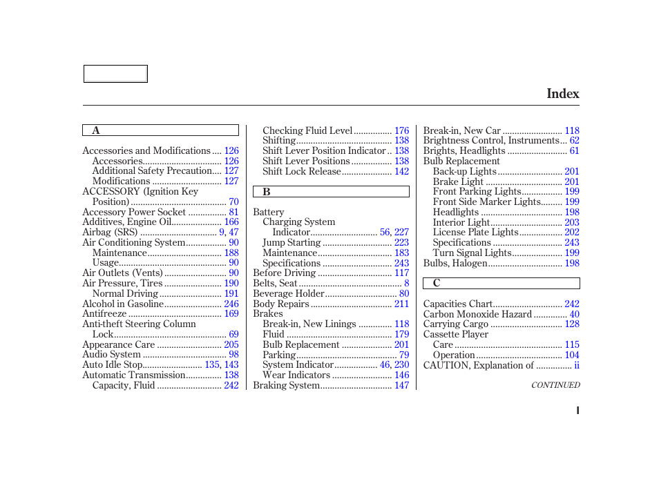 Index | HONDA 2002 Insight  - Owner's Manual User Manual | Page 262 / 270