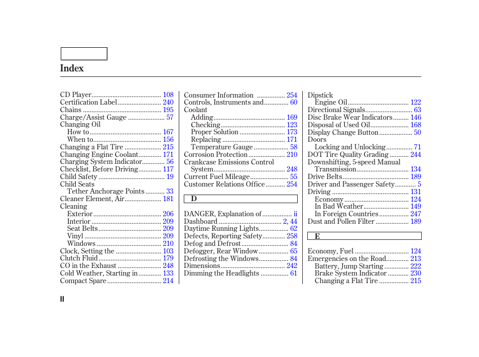 Index | HONDA 2002 Insight  - Owner's Manual User Manual | Page 263 / 270