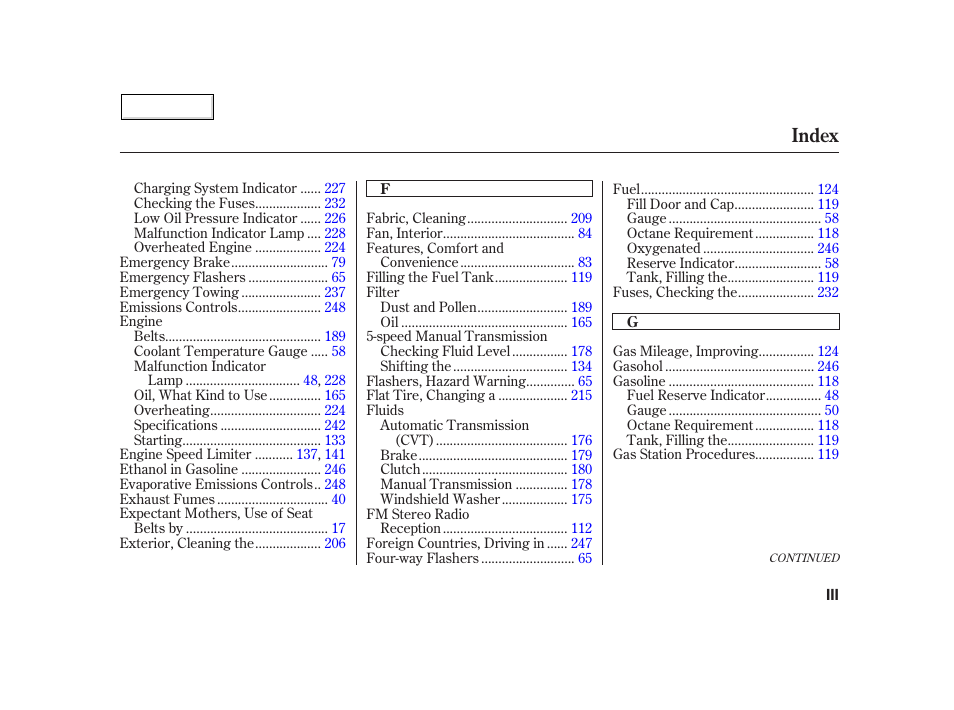 Index | HONDA 2002 Insight  - Owner's Manual User Manual | Page 264 / 270