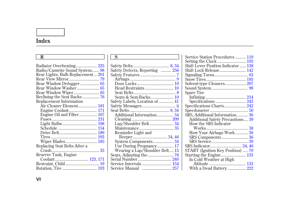 Index | HONDA 2002 Insight  - Owner's Manual User Manual | Page 267 / 270