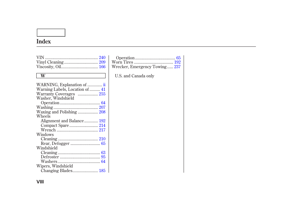 Index | HONDA 2002 Insight  - Owner's Manual User Manual | Page 269 / 270