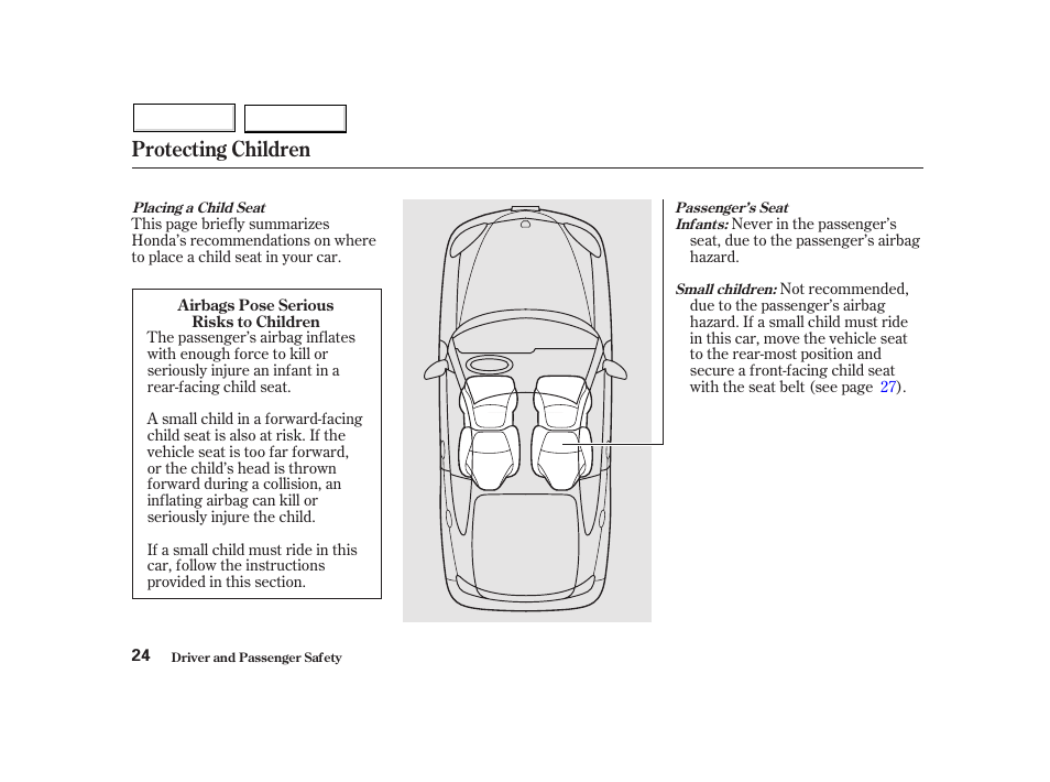 Protecting children | HONDA 2002 Insight  - Owner's Manual User Manual | Page 27 / 270