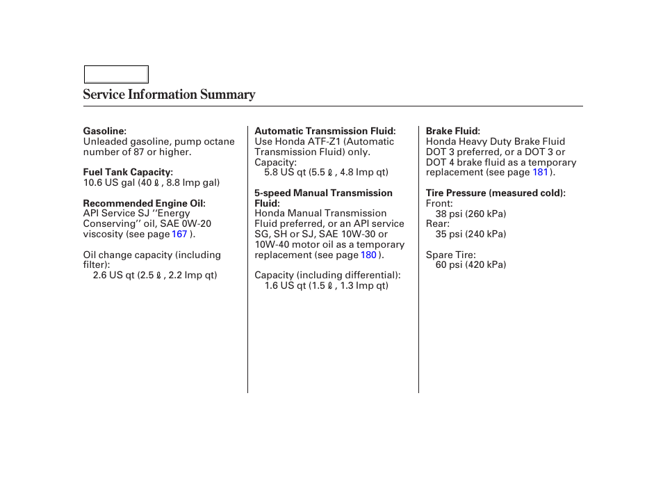 Service information summary | HONDA 2002 Insight  - Owner's Manual User Manual | Page 270 / 270