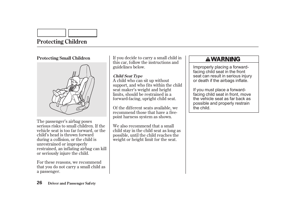 Protecting children | HONDA 2002 Insight  - Owner's Manual User Manual | Page 29 / 270