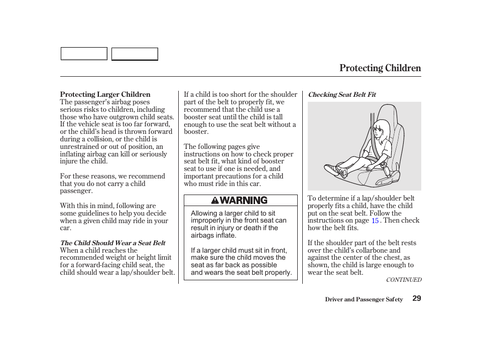 Protecting children | HONDA 2002 Insight  - Owner's Manual User Manual | Page 32 / 270