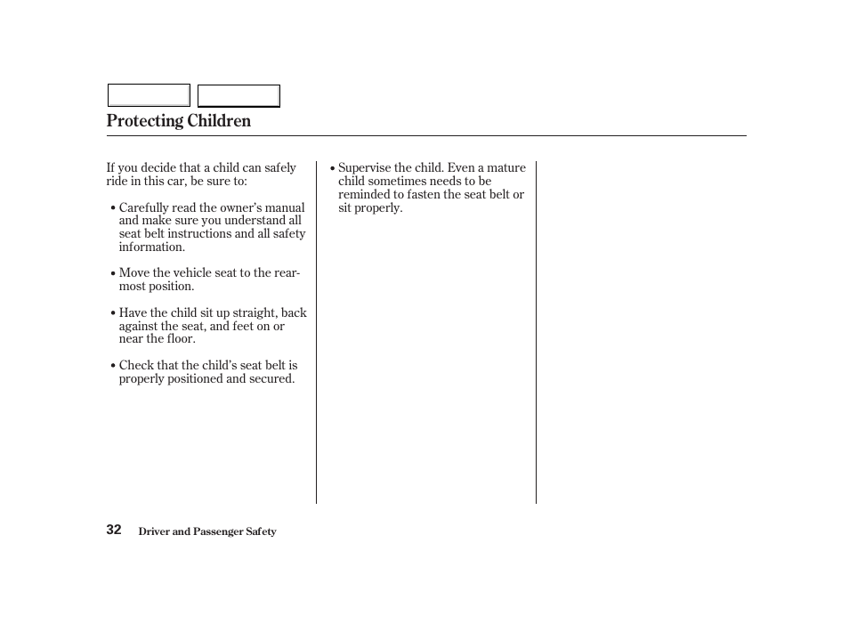 Protecting children | HONDA 2002 Insight  - Owner's Manual User Manual | Page 35 / 270