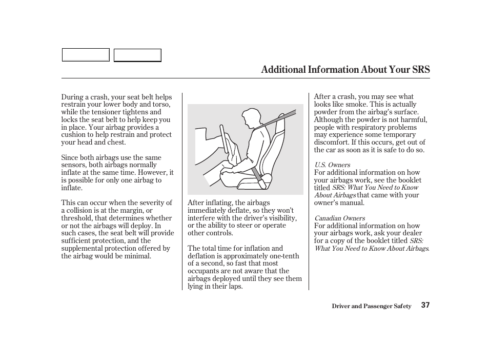 Additional information about your srs | HONDA 2002 Insight  - Owner's Manual User Manual | Page 40 / 270
