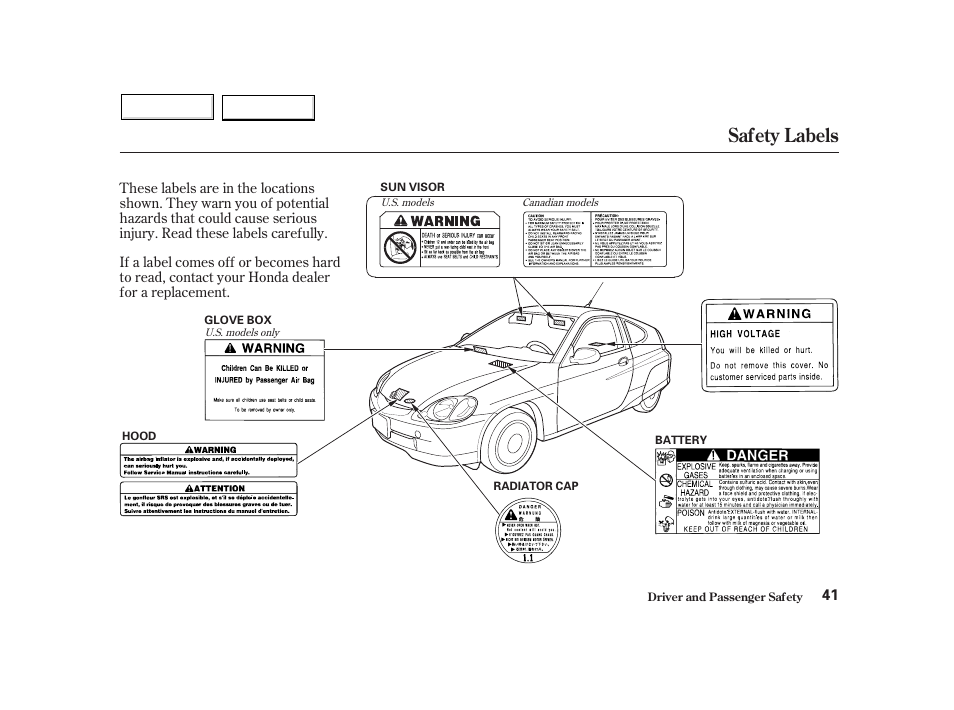 Safety labels | HONDA 2002 Insight  - Owner's Manual User Manual | Page 44 / 270
