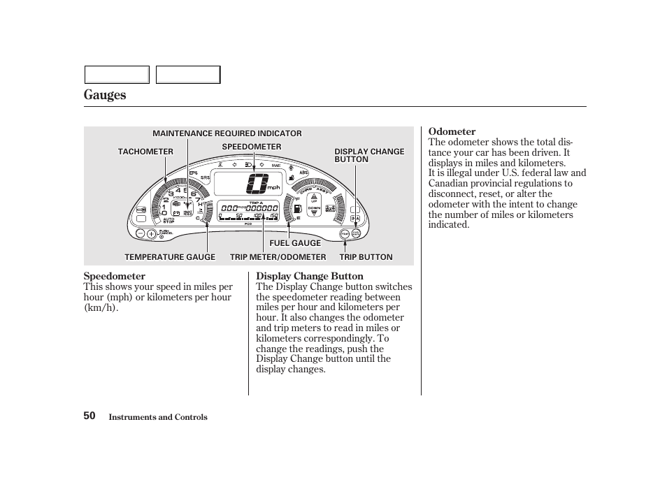 Gauges | HONDA 2002 Insight  - Owner's Manual User Manual | Page 53 / 270