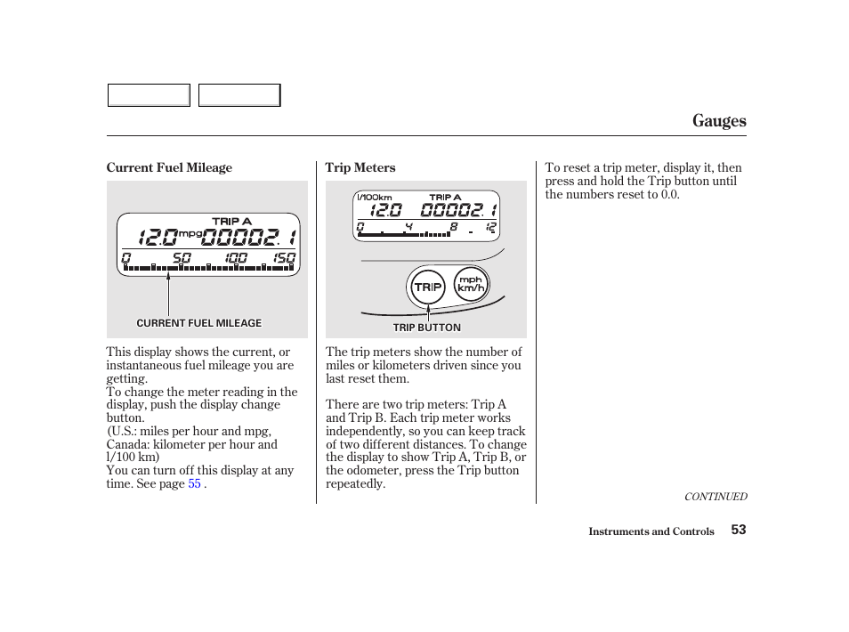 Gauges | HONDA 2002 Insight  - Owner's Manual User Manual | Page 56 / 270
