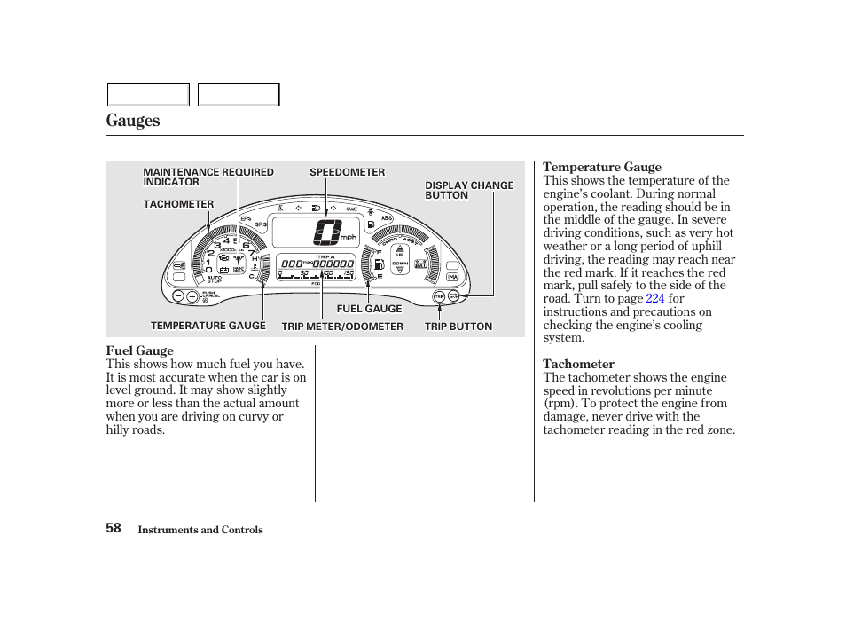Gauges | HONDA 2002 Insight  - Owner's Manual User Manual | Page 61 / 270