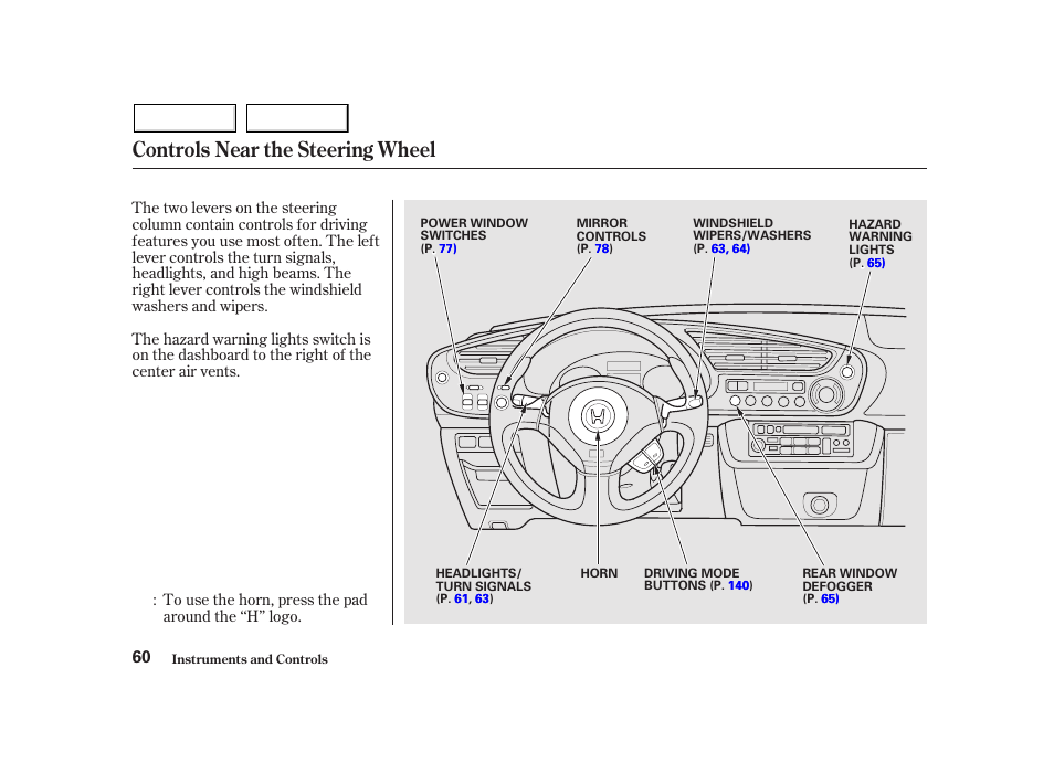 Controls near the steering wheel | HONDA 2002 Insight  - Owner's Manual User Manual | Page 63 / 270