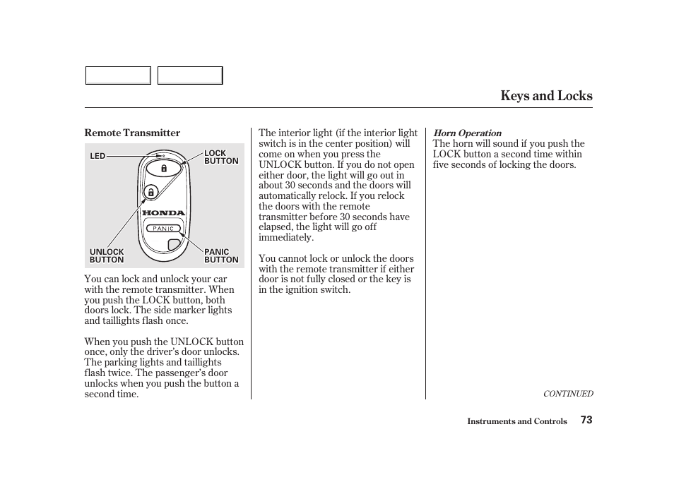 Keys and locks | HONDA 2002 Insight  - Owner's Manual User Manual | Page 76 / 270