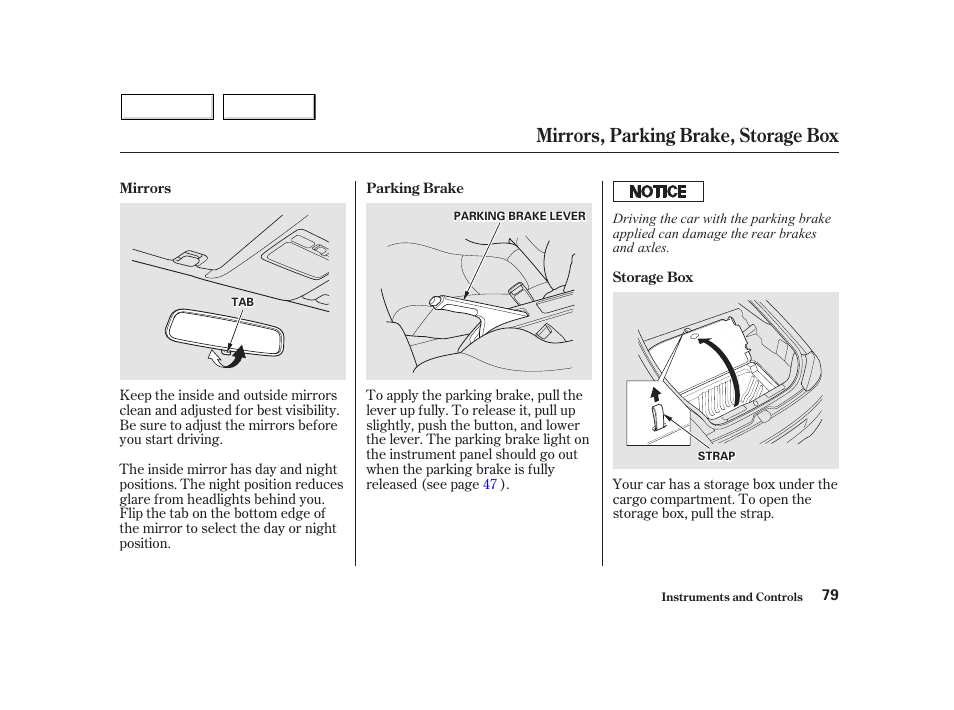 Mirrors, parking brake, storage box | HONDA 2002 Insight  - Owner's Manual User Manual | Page 82 / 270
