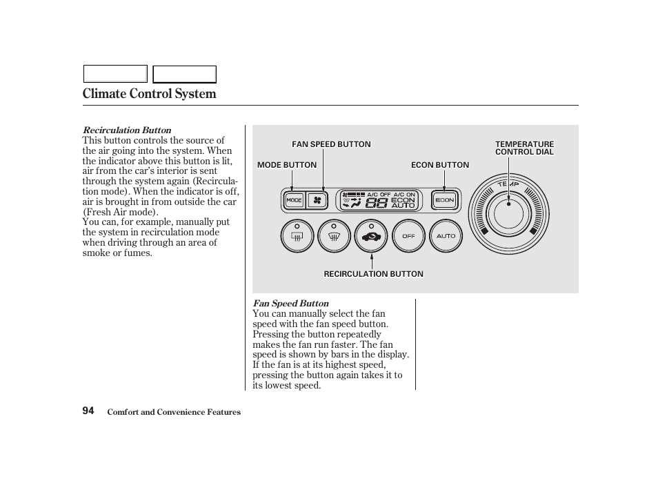 Climate control system | HONDA 2002 Insight  - Owner's Manual User Manual | Page 97 / 270
