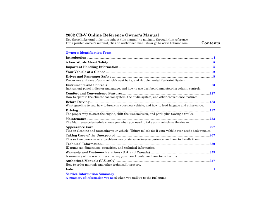 HONDA 2002 CR-V - Owner's Manual User Manual | 372 pages
