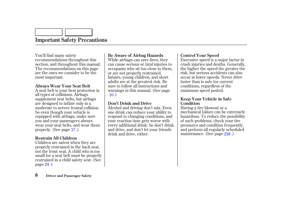 Important safety precautions | HONDA 2002 CR-V - Owner's Manual User Manual | Page 10 / 372