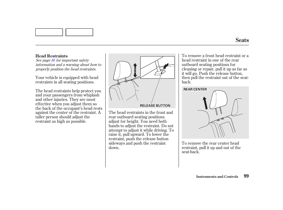 Seats | HONDA 2002 CR-V - Owner's Manual User Manual | Page 103 / 372