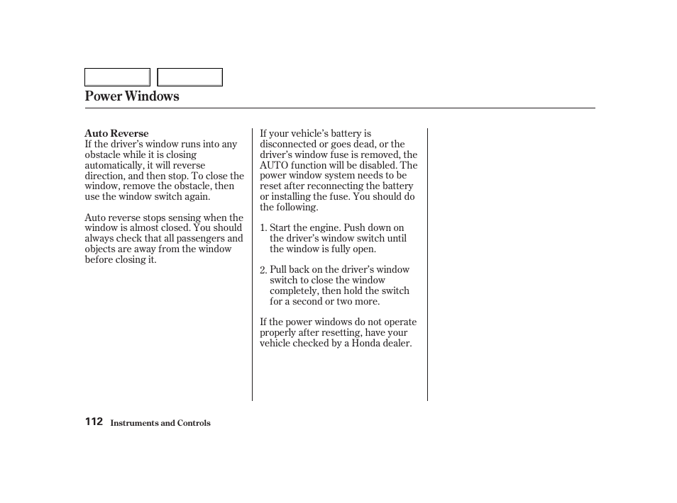 Power windows | HONDA 2002 CR-V - Owner's Manual User Manual | Page 116 / 372