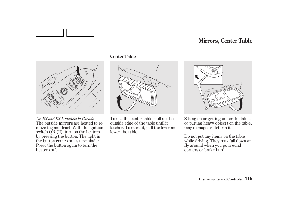 Mirrors, center table | HONDA 2002 CR-V - Owner's Manual User Manual | Page 119 / 372