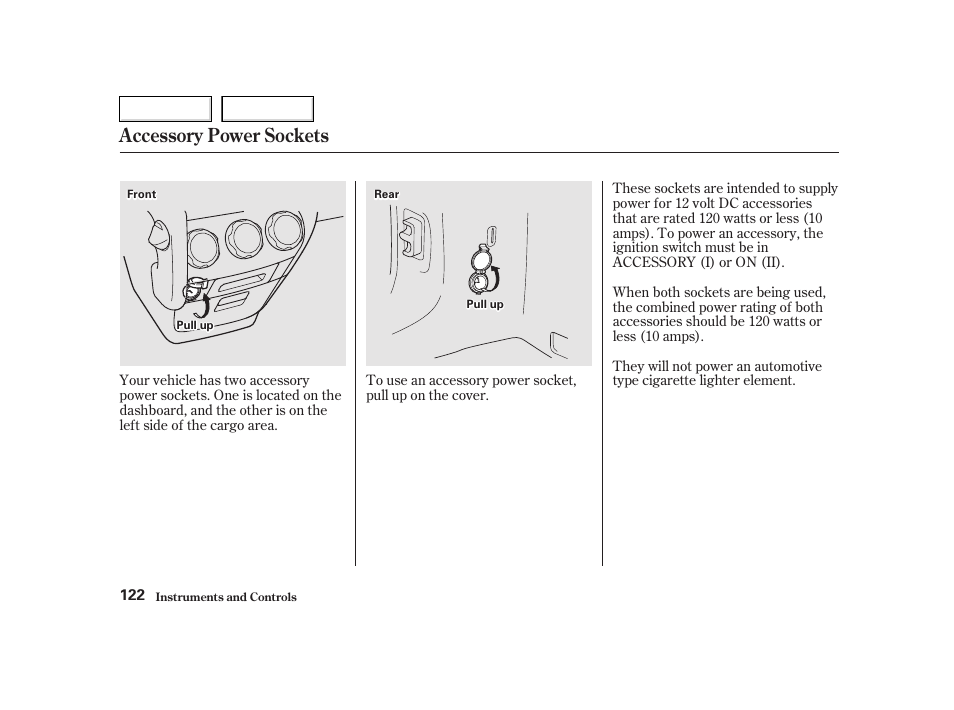 Accessory power sockets | HONDA 2002 CR-V - Owner's Manual User Manual | Page 126 / 372