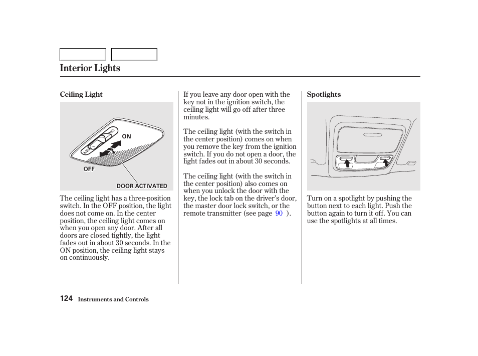 Interior lights | HONDA 2002 CR-V - Owner's Manual User Manual | Page 128 / 372