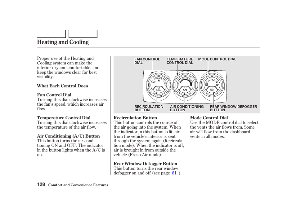 Heating and cooling | HONDA 2002 CR-V - Owner's Manual User Manual | Page 132 / 372