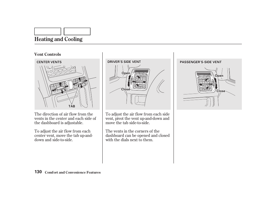 Heating and cooling | HONDA 2002 CR-V - Owner's Manual User Manual | Page 134 / 372