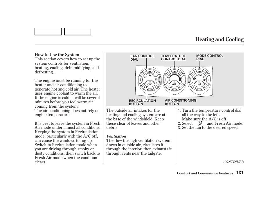 Heating and cooling | HONDA 2002 CR-V - Owner's Manual User Manual | Page 135 / 372