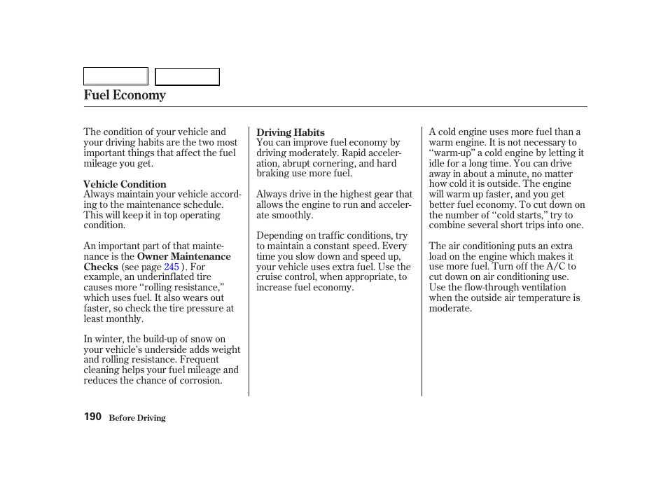 Fuel economy | HONDA 2002 CR-V - Owner's Manual User Manual | Page 194 / 372