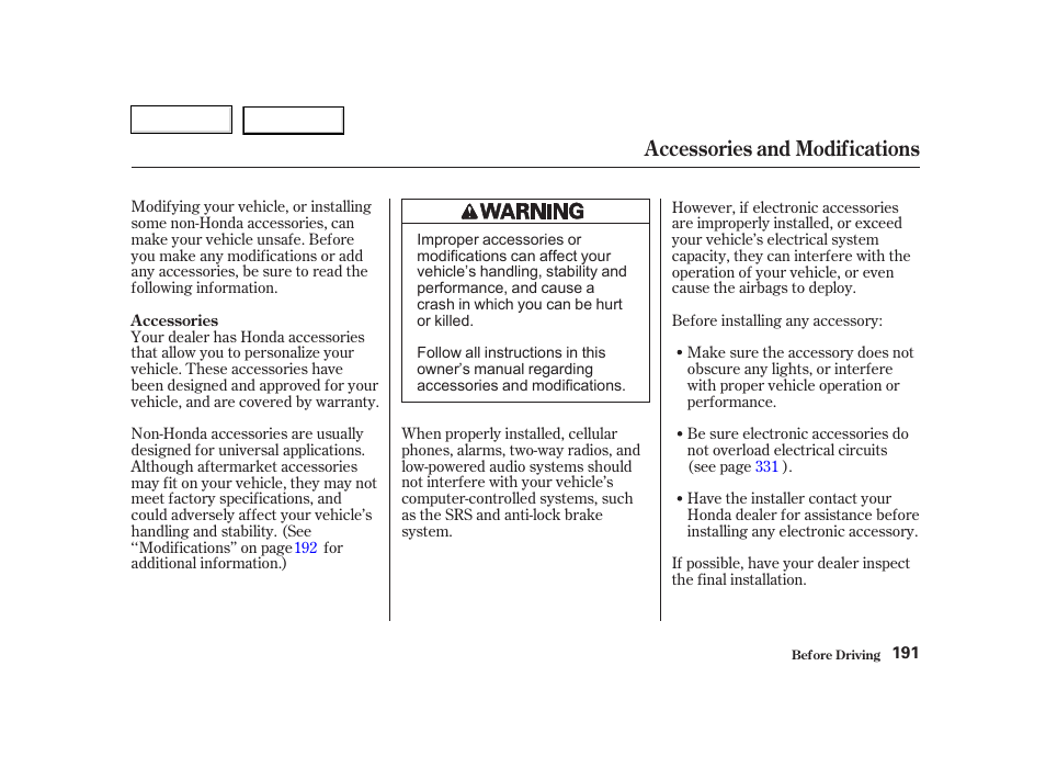 Accessories and modifications | HONDA 2002 CR-V - Owner's Manual User Manual | Page 195 / 372