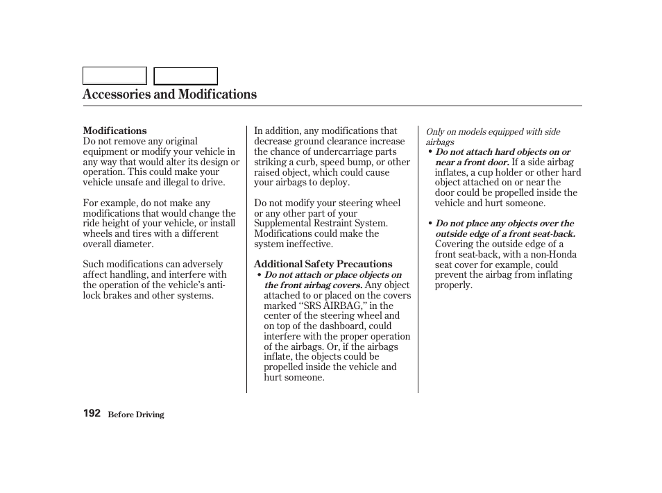 Accessories and modifications | HONDA 2002 CR-V - Owner's Manual User Manual | Page 196 / 372