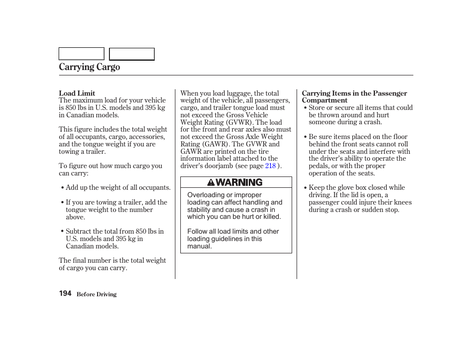 Carrying cargo | HONDA 2002 CR-V - Owner's Manual User Manual | Page 198 / 372