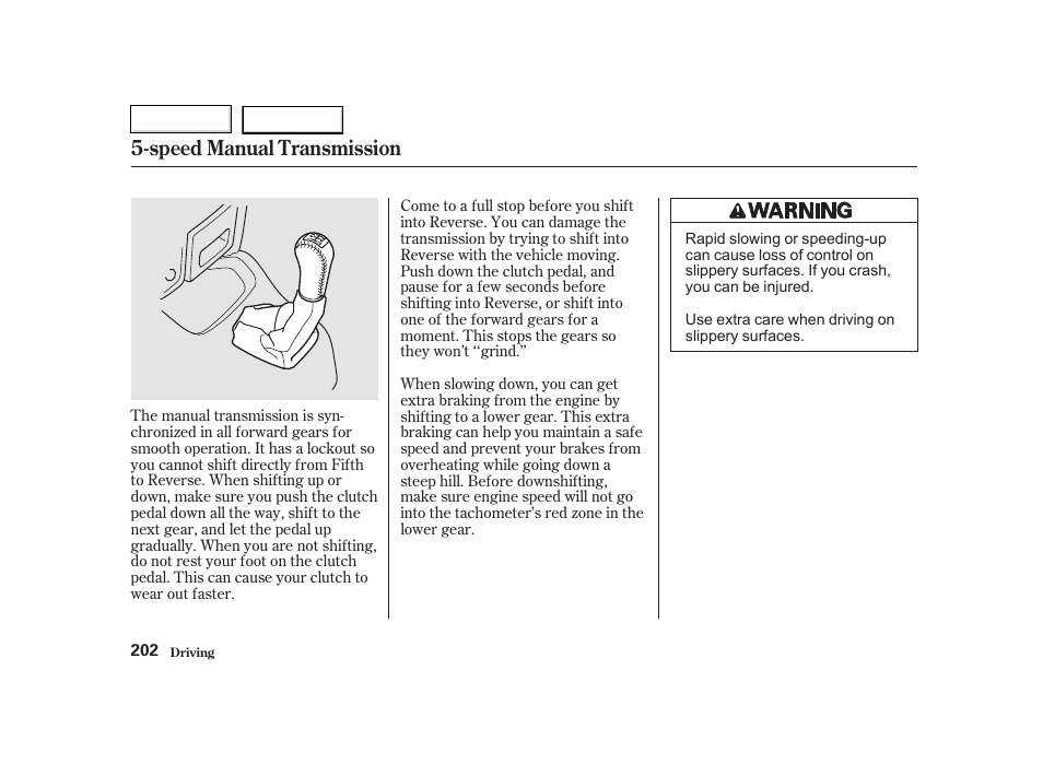 Speed manual transmission | HONDA 2002 CR-V - Owner's Manual User Manual | Page 206 / 372