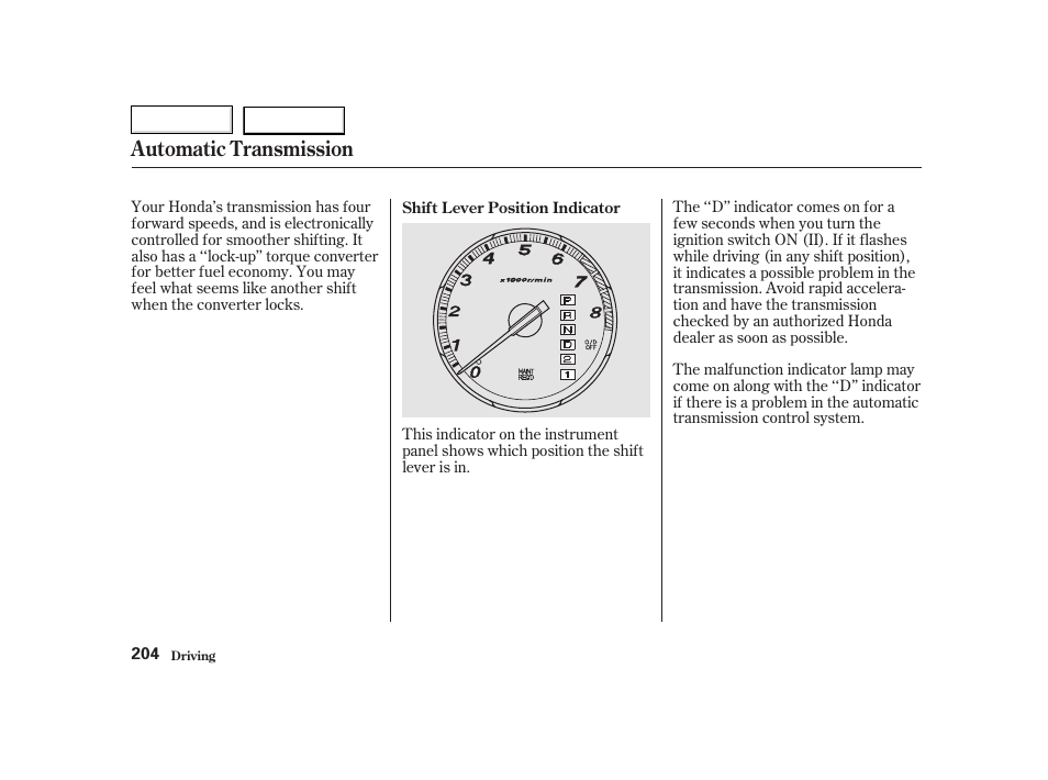 Automatic transmission | HONDA 2002 CR-V - Owner's Manual User Manual | Page 208 / 372