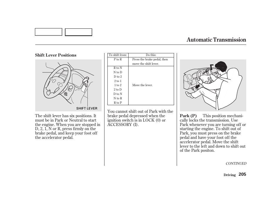 Automatic transmission | HONDA 2002 CR-V - Owner's Manual User Manual | Page 209 / 372