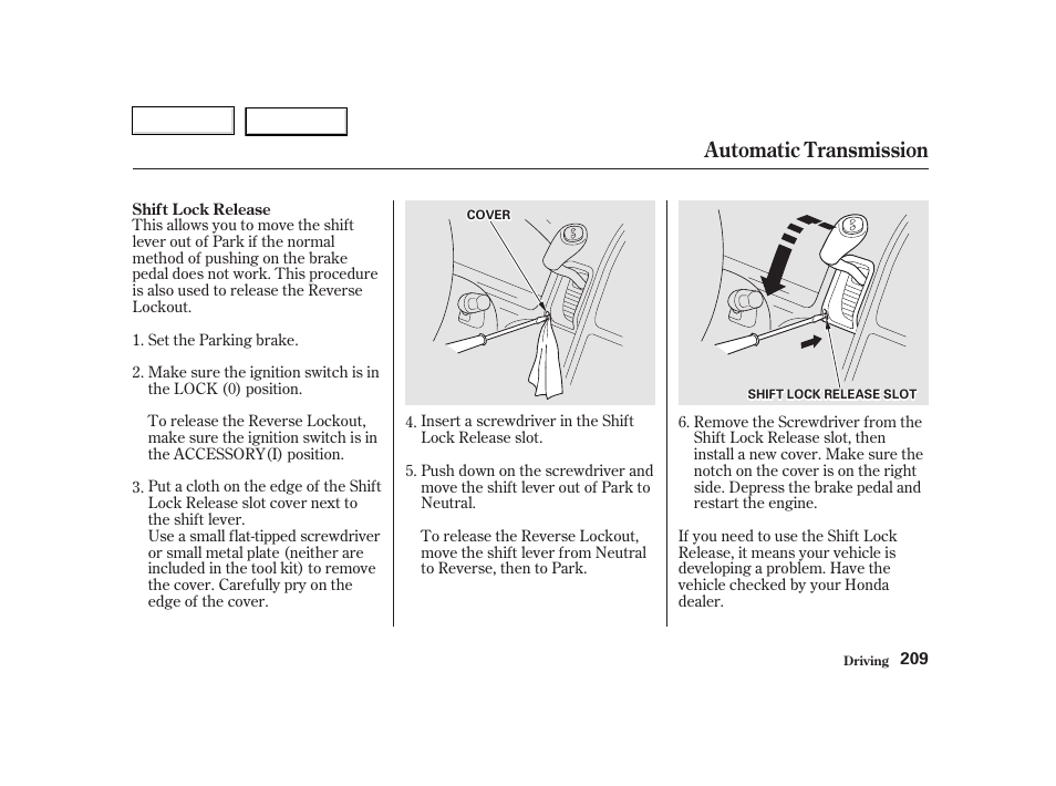 Automatic transmission | HONDA 2002 CR-V - Owner's Manual User Manual | Page 213 / 372